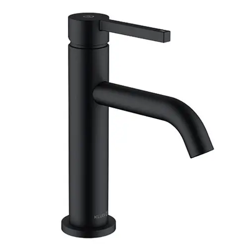Kludi-Waschtischarmatur in mattschwarz ohne Ablaufgarnitur. Mit einem schlichten Design und einem einzelnen Hebelgriff zur Steuerung des Wasserflusses.